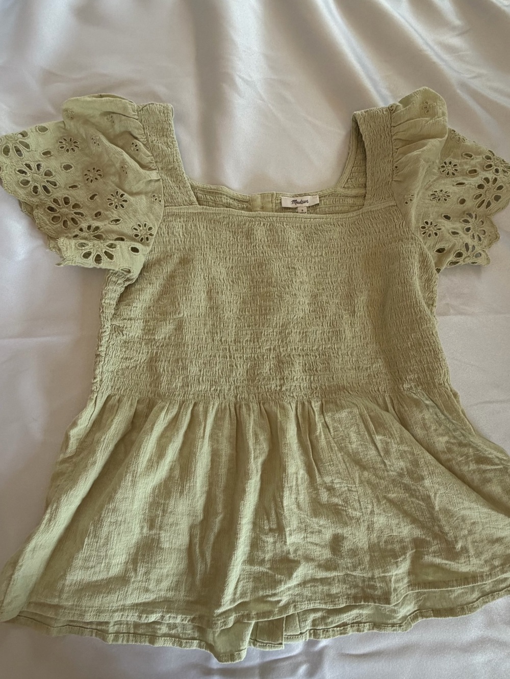 Madewell Light Green Smocked Peplum Top with Eyelet Flutter Sleeves